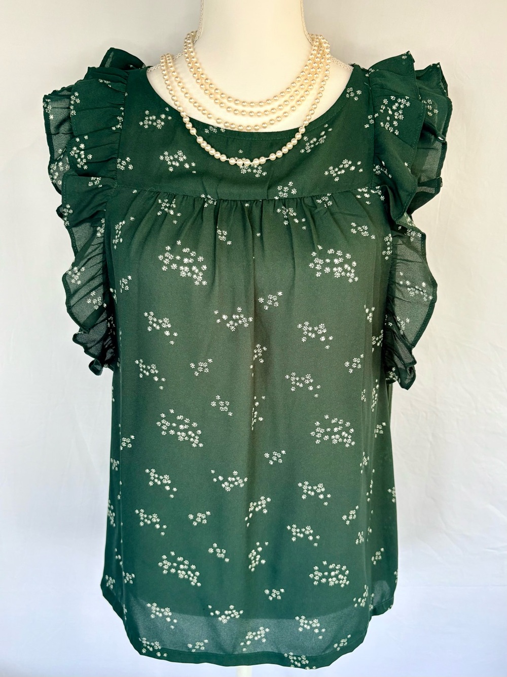 LOFT Dark Hunter Green Floral Flutter Ruffle Sleeve Blouse Top XS